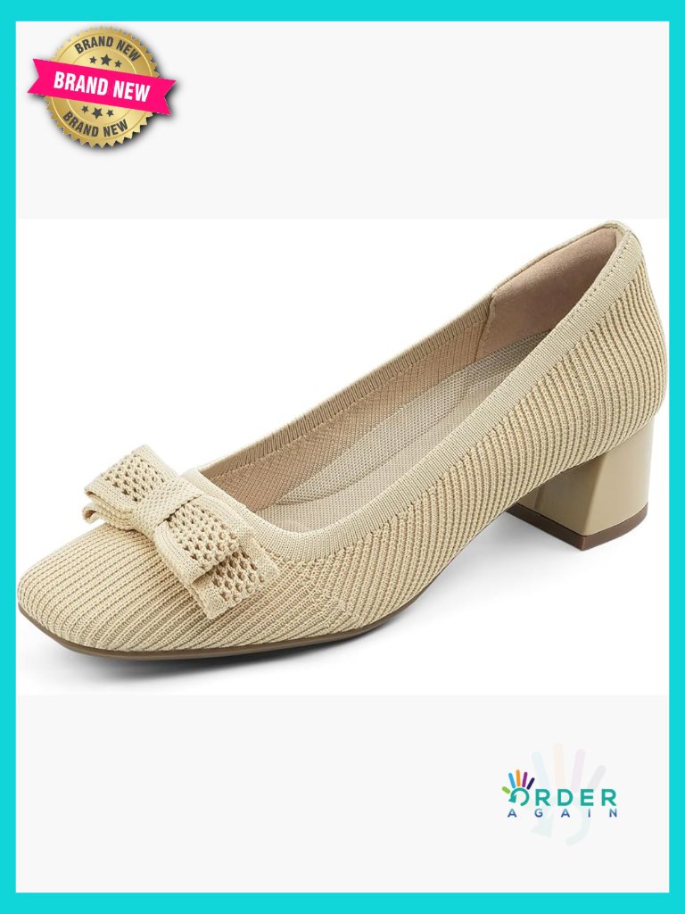 Chunky Low Heel Pumps Women Comfort Knit Block Heeled Square Toe Bow Slip On
